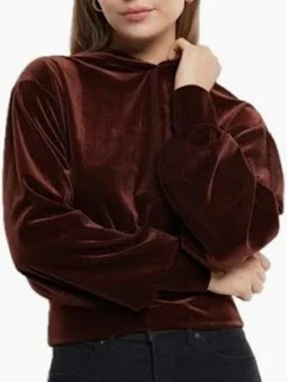 Express Womens Velour Hoodie Sweatshirt Cropped Chocolate Brown Cozy Fall Medium